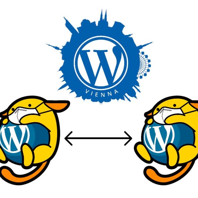 WordCamp Vienna 2022. Österreichs größte WordPress Konferenz. COVID-19 Prävention - Wapuu mask and distance